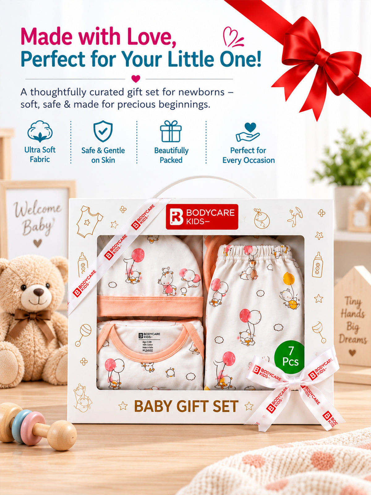 BODYCARE Newborn Baby Gift Set for Boys & Girls, Cotton Clothing Set, Hospital Ready Combo Gift Hamper (7 Pcs, 0-6 Months)