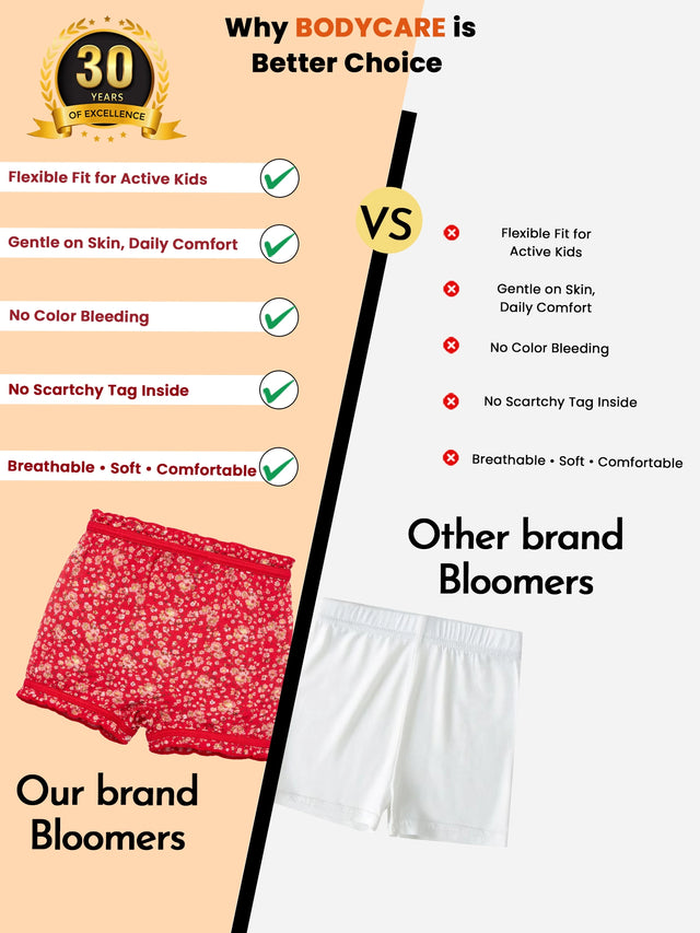 Comparison of kids’ red floral bloomers with white bloomers, highlighting comfort, flexibility, and softness features.