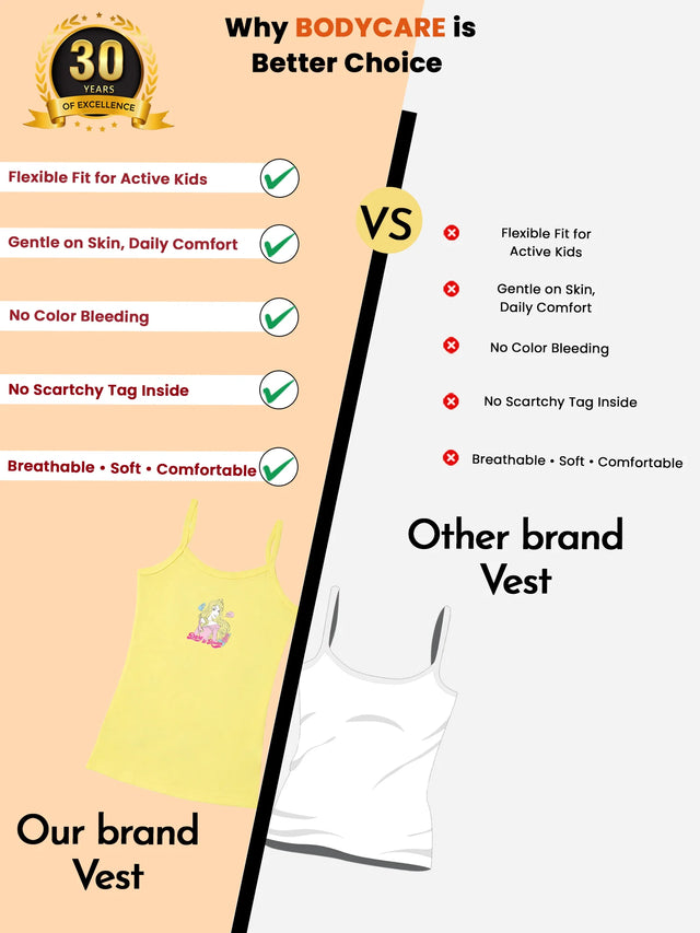 Comparison of kids' yellow vest with cartoon print versus plain white vest, listing features like breathable, comfortable, and gentle on skin.