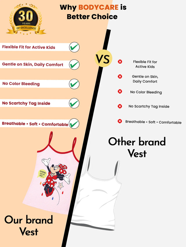 Comparison chart of kids' vest features, showing a colorful printed girl's vest versus a plain white vest, highlighting flexible fit, comfort, and softness.