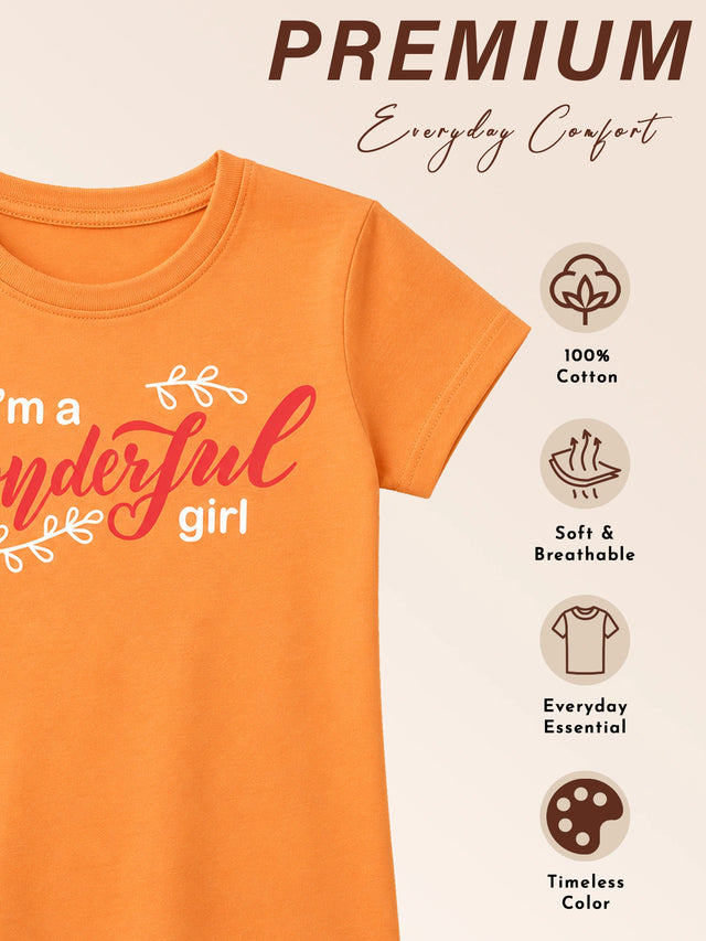 Girls 100% Cotton Typographic Printed Round Neck Half Sleeve T-Shirt for Everyday Casual Wear and Regular Wardrobe Use