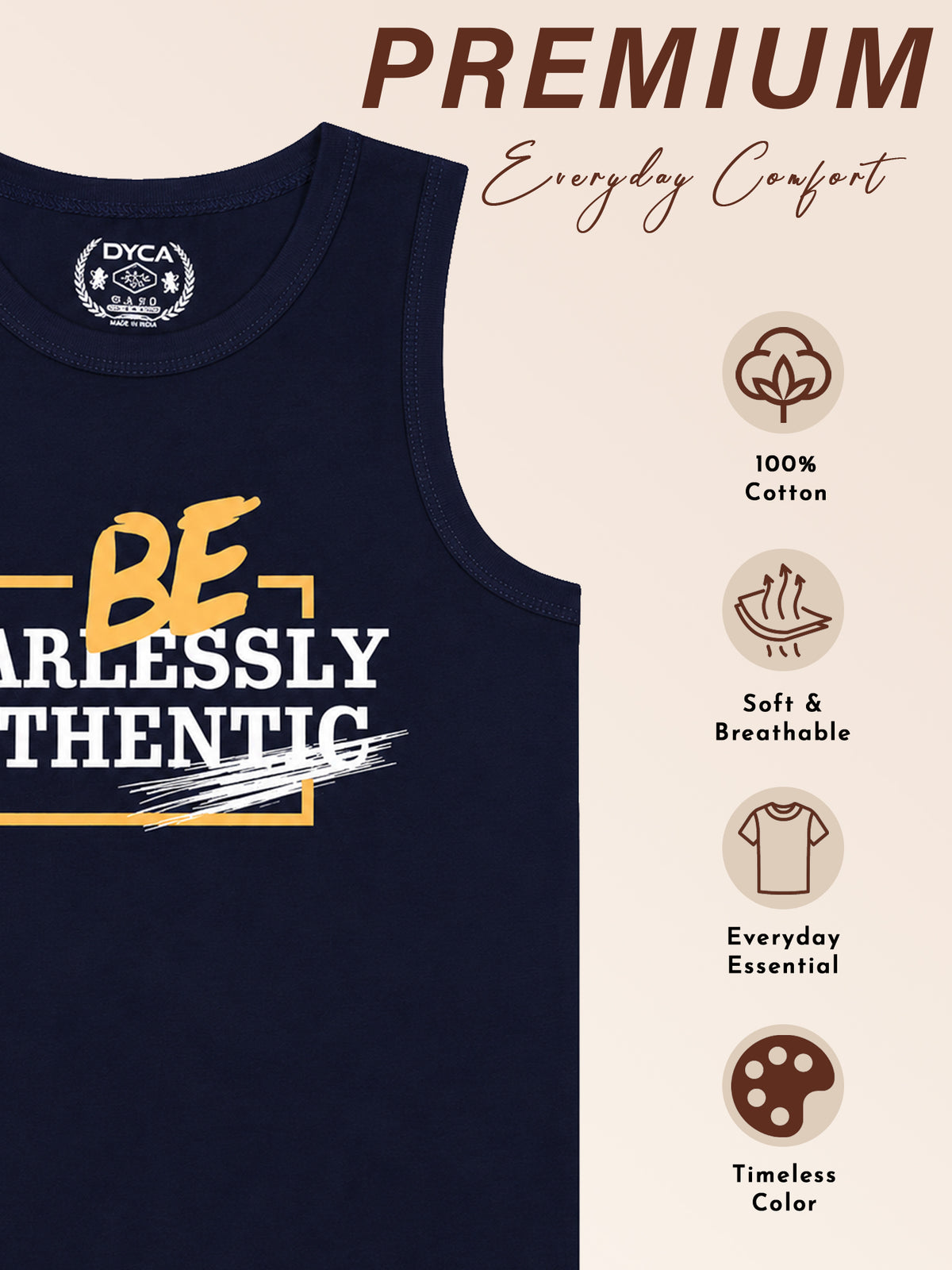 Boys Cotton Printed Sleeveless T-Shirt with Round Neck and Regular Fit for Casual Wear and Easy Movement