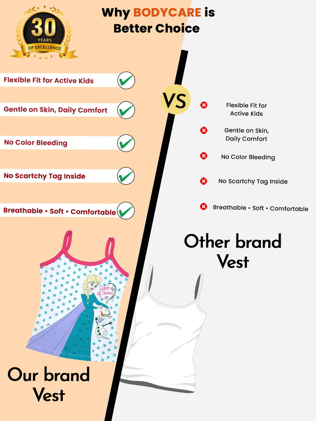 Girls Frozen Printed Vest 100% Cotton Sleeveless Innerwear Camisole for Lightweight Comfort and Daily Use - Pack of 3