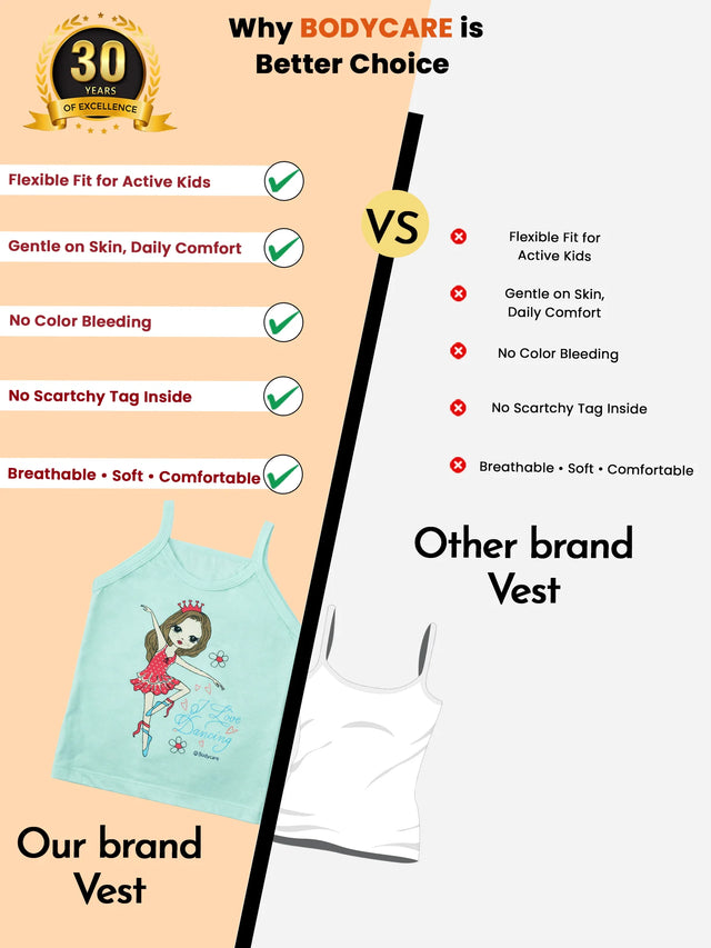 Comparison of kids' printed vest vs plain vest, highlighting comfort and quality features