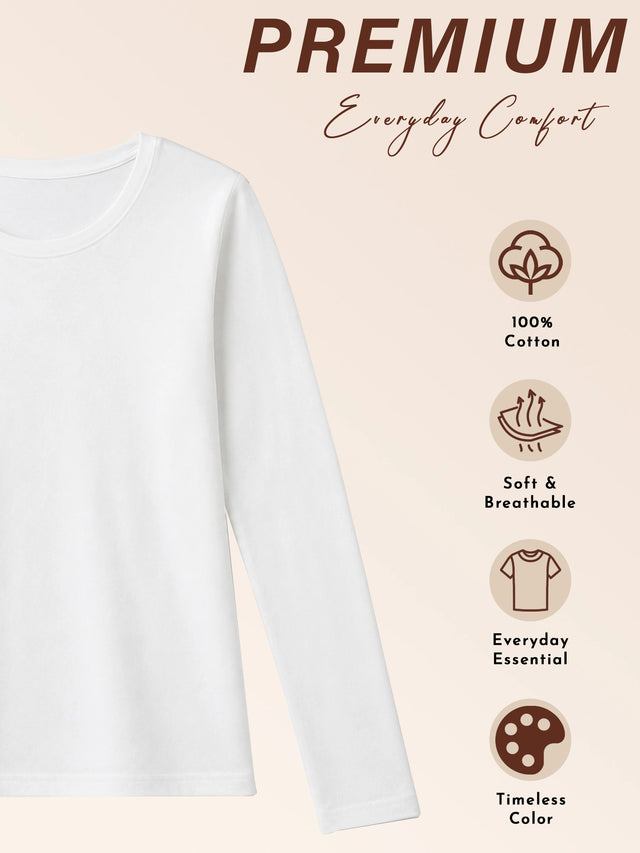 Women 100% Cotton T-Shirt Round Neck Full Sleeves with Regular Fit Solid Styling for Everyday Casual Wear