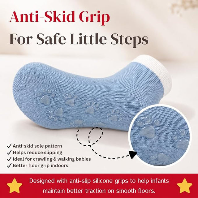 Anti Skid Ankle Length Socks for Infants Pack of 3 Pairs Non Terry Cotton Blend Grip Socks for Baby Boys & Girls