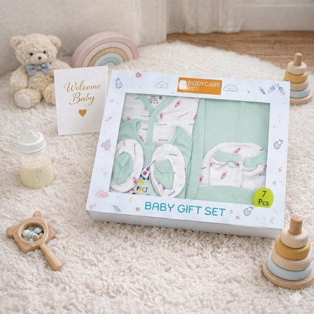 Bodycare Newborn Baby Gift Set for Boys & Girls, Cotton Clothing Set, Hospital Ready Combo Gift Hamper (7 Pcs, 0-6 Months)