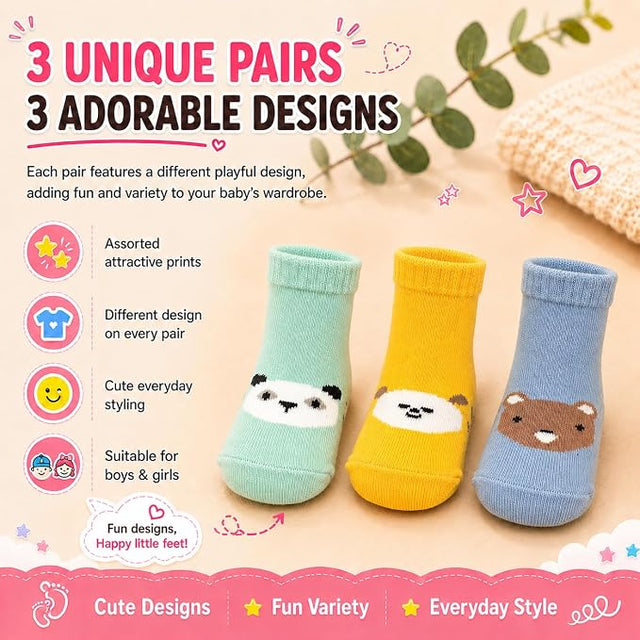 Anti Skid Ankle Length Socks for Infants Pack of 3 Pairs Non Terry Cotton Blend Grip Socks for Baby Boys & Girls