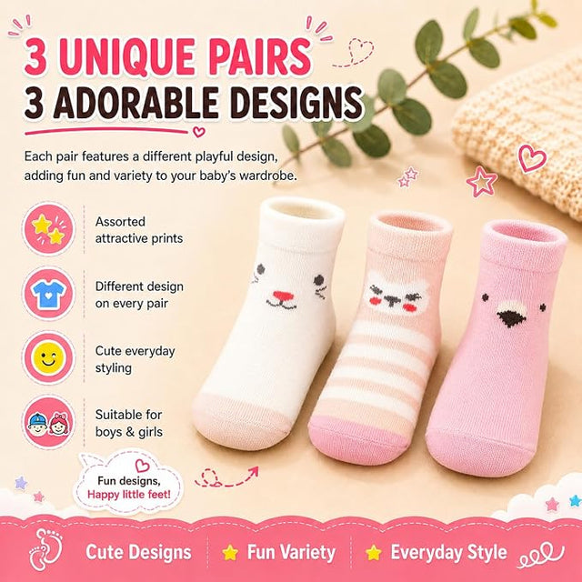 Anti Skid Ankle Length Cotton Blend Grip Socks for Infants Pack of 3 Pairs