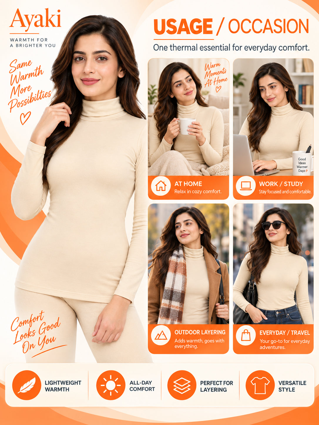 Women Miyabi Thermal Top with High Neck Full Sleeves, Regular Fit Warmth and Winter Innerwear Comfort