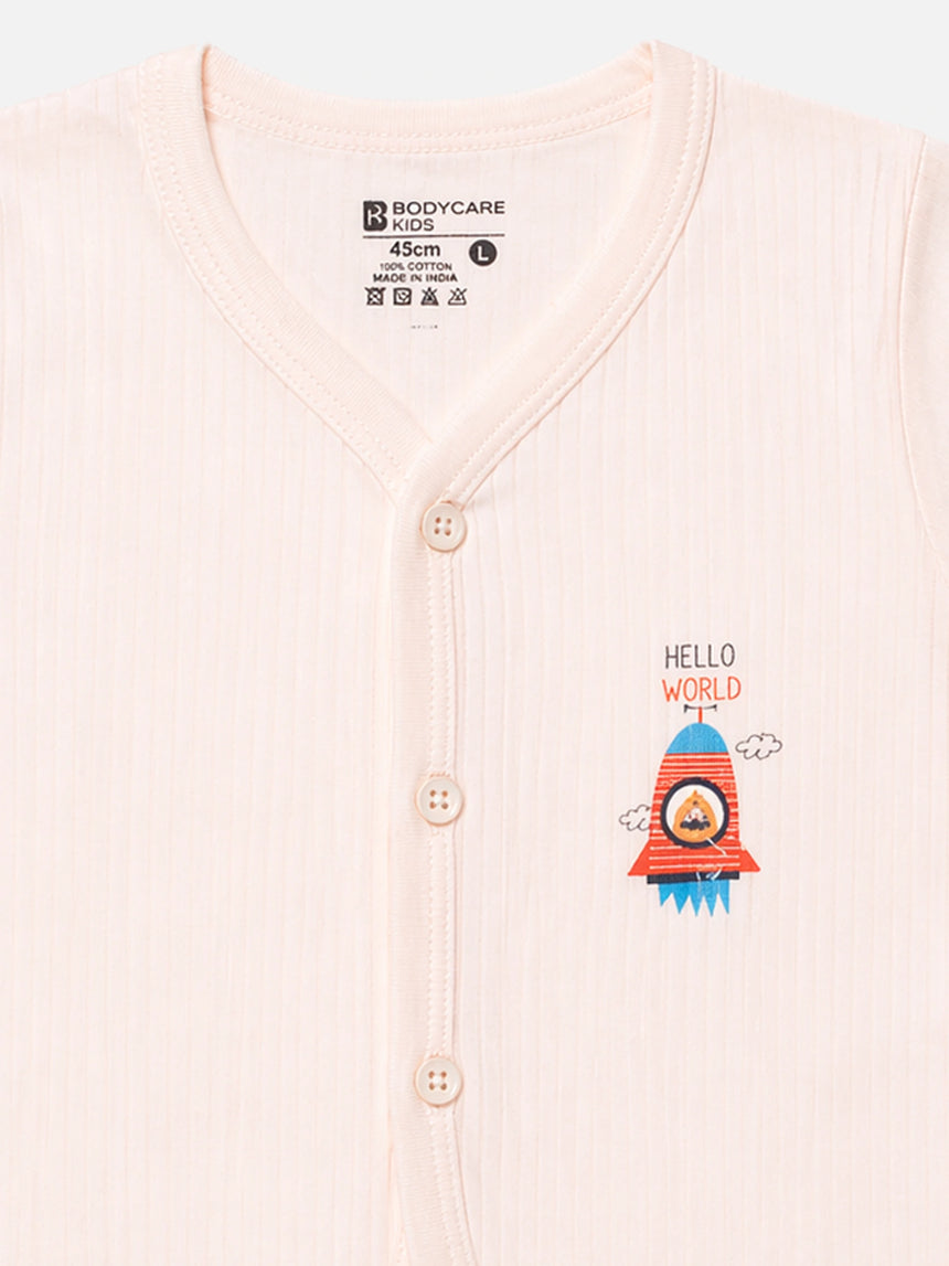 Baby Cotton Rich Front Open Half Sleeves Short Suit Solid Rib