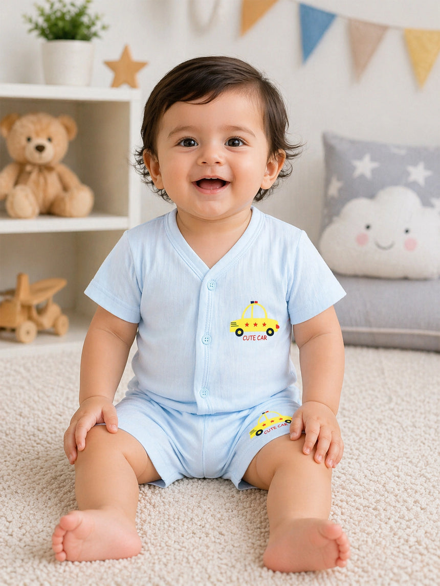 Baby Cotton Rich Front Open Half Sleeves Short Suit Solid Rib