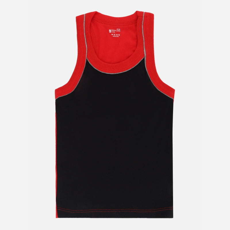 Kids black sleeveless vest with red trim, soft cotton innerwear for comfort
