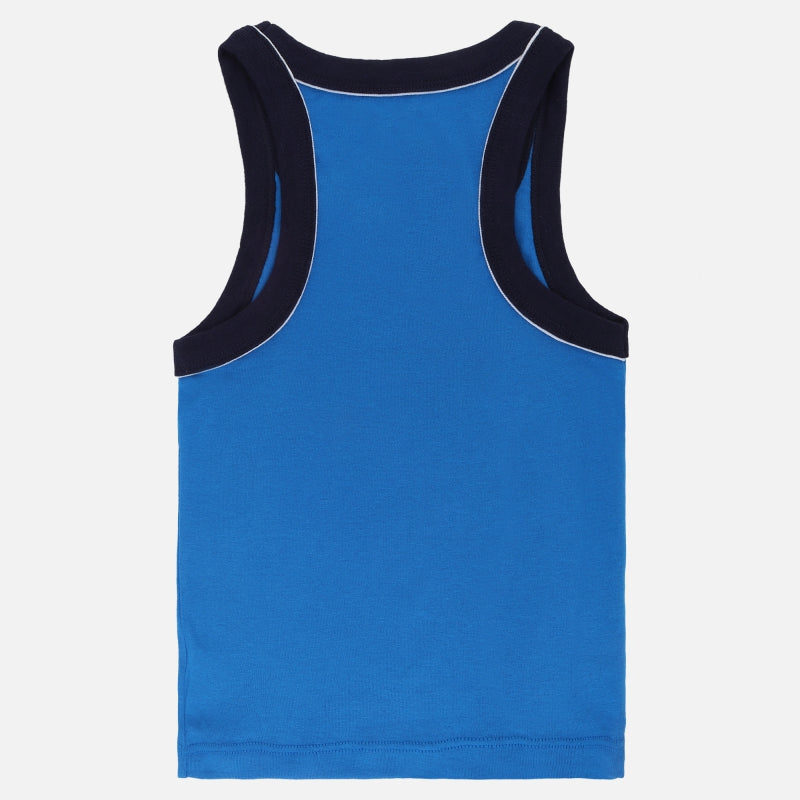 Blue kids sleeveless innerwear vest with navy trim, comfortable cotton apparel
