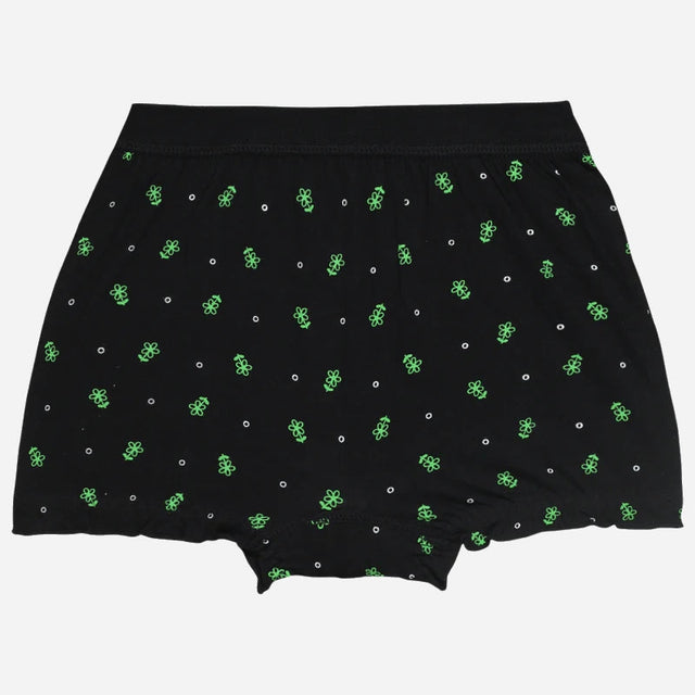 Black kids innerwear shorts with green floral print, soft cotton, comfortable fit