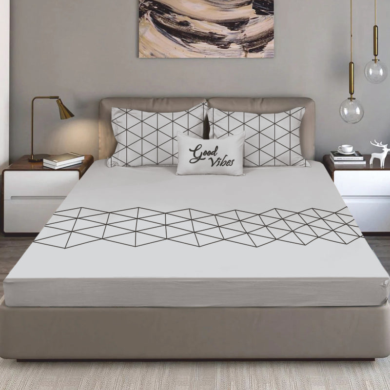 Bodycomfy 100% Cotton Hosiery King Size Fitted Bedsheet – Geometrical Panel Print