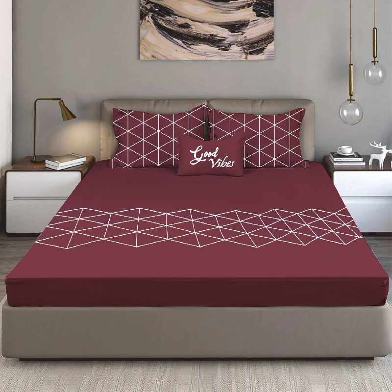 Bodycomfy 100% Cotton Hosiery King Size Fitted Bedsheet – Geometrical Panel Print