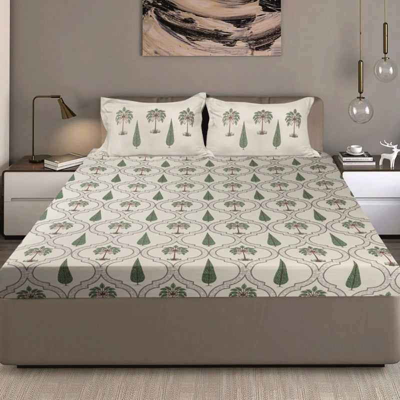 Bodycomfy 100% Cotton Hosiery King Size Fitted Bedsheet – Botanical Palm & Cypress Print