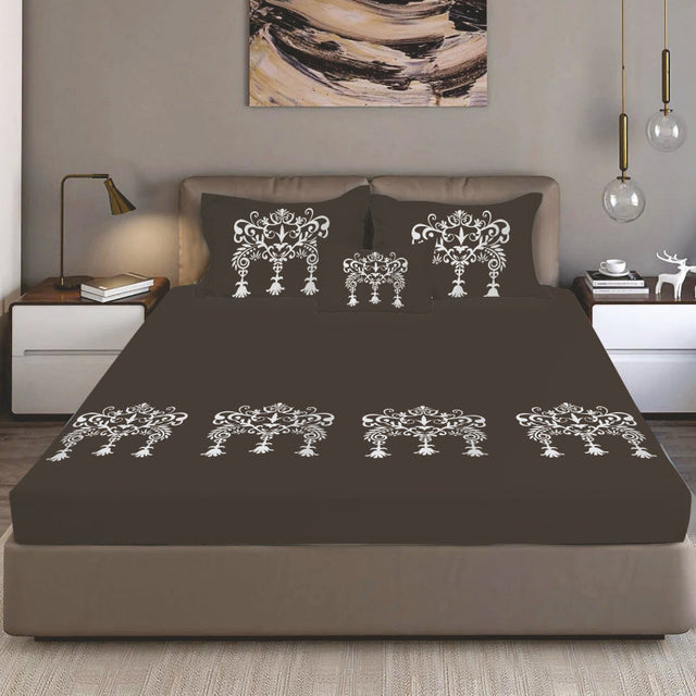 King Size Cotton Bedsheet Brown Ornamental Print - Bodycare