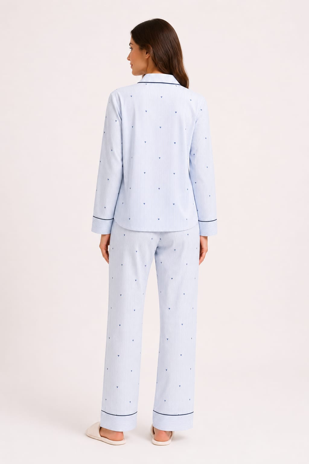 Women's Sky Blue Striped Heart Print Soft Cloud Night Suit with Notch Collar & Chest Pocket