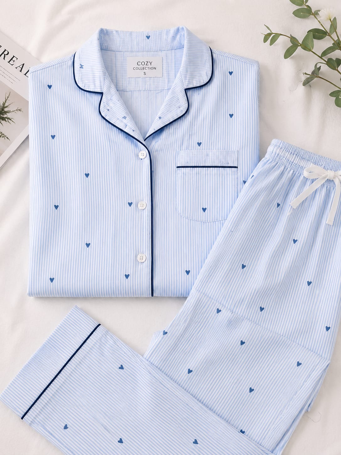 Women's Sky Blue Striped Heart Print Soft Cloud Night Suit with Notch Collar & Chest Pocket