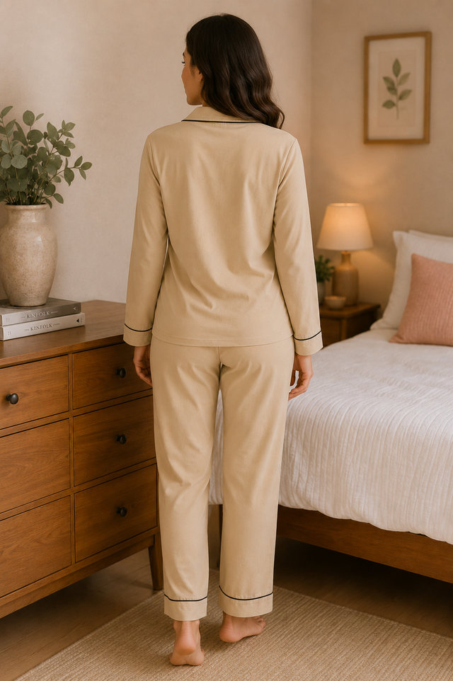 Bodycomfy Women’s Soft Cloud Fabric Night Suit Beige Pyjama Set with Contrast Piping and Button-Front Top