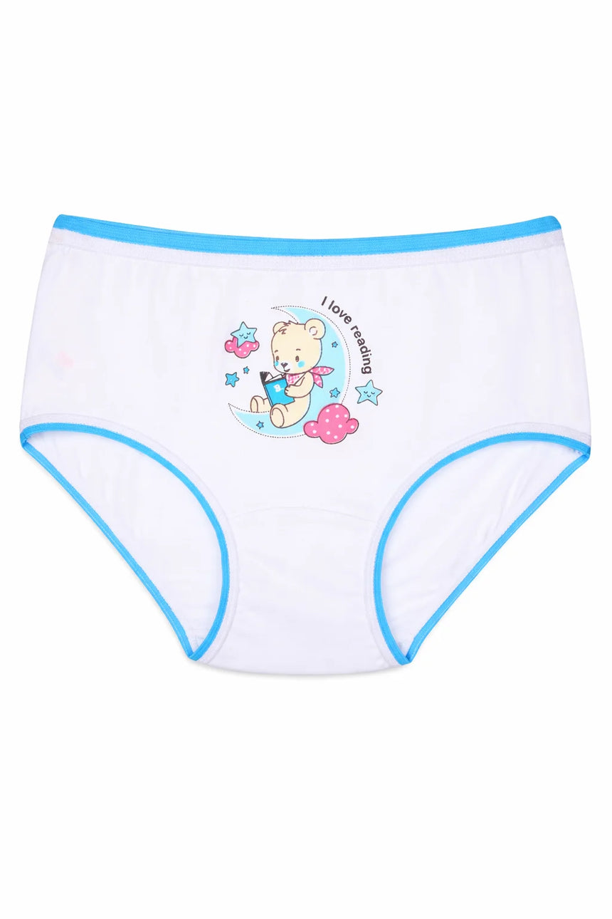 White kids' underwear with blue trim and cartoon bear reading design