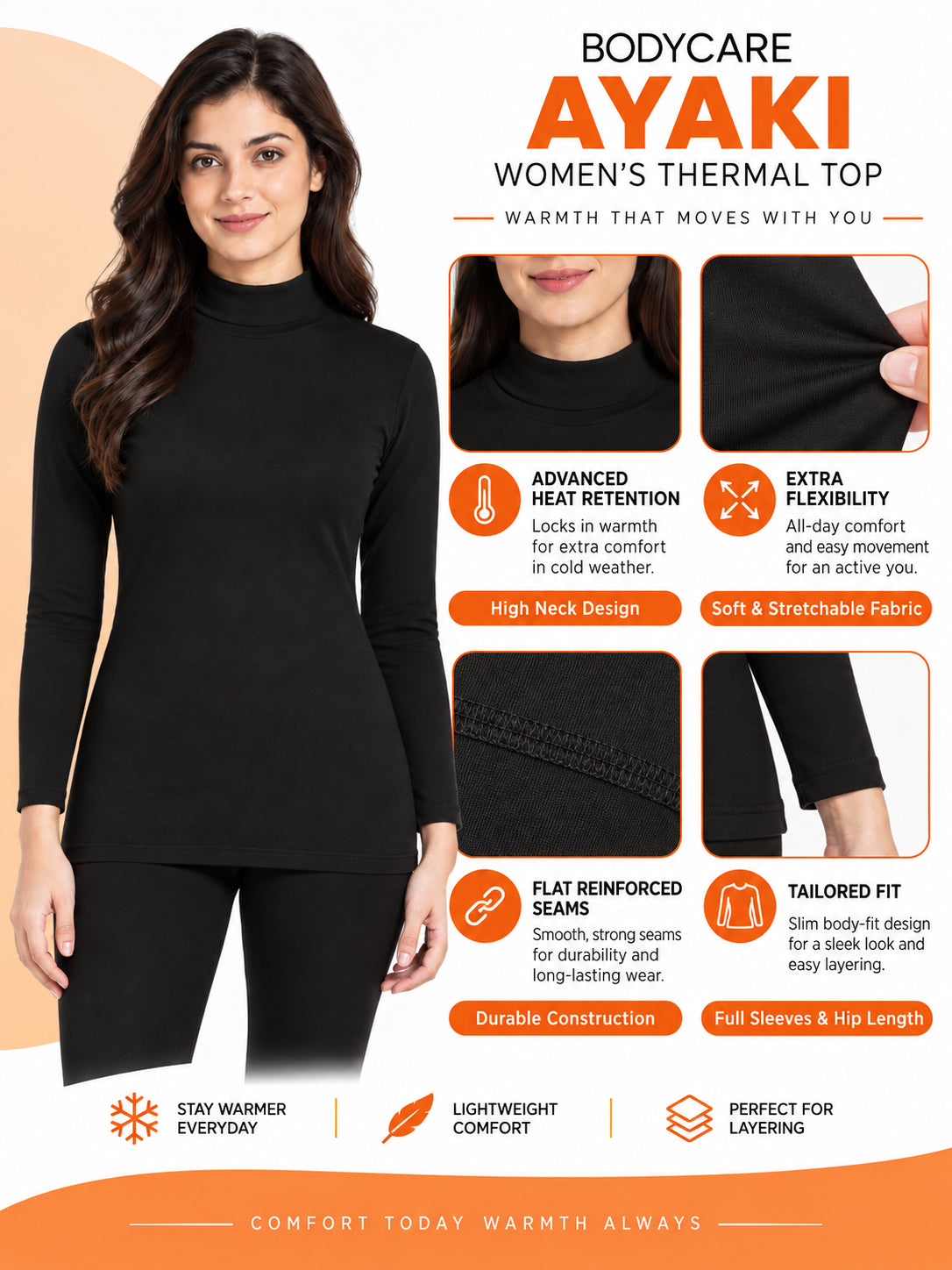 Women Miyabi Thermal Top with High Neck Full Sleeves, Regular Fit Warmth and Winter Innerwear Comfort