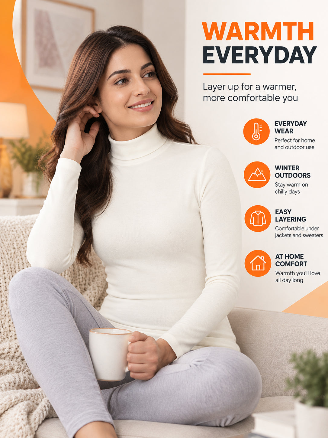 Women Full Sleeve Thermal Top with High Neck Design for Winter Wear, Warm Base Layer Comfort and Regular Use - Pack of 1