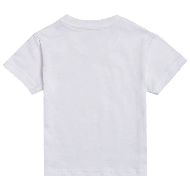 Back view of plain white kids short-sleeve cotton t-shirt on white background