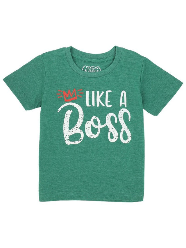 Green kids cotton t-shirt with 'Like A Boss' text and red crown graphic, short sleeves