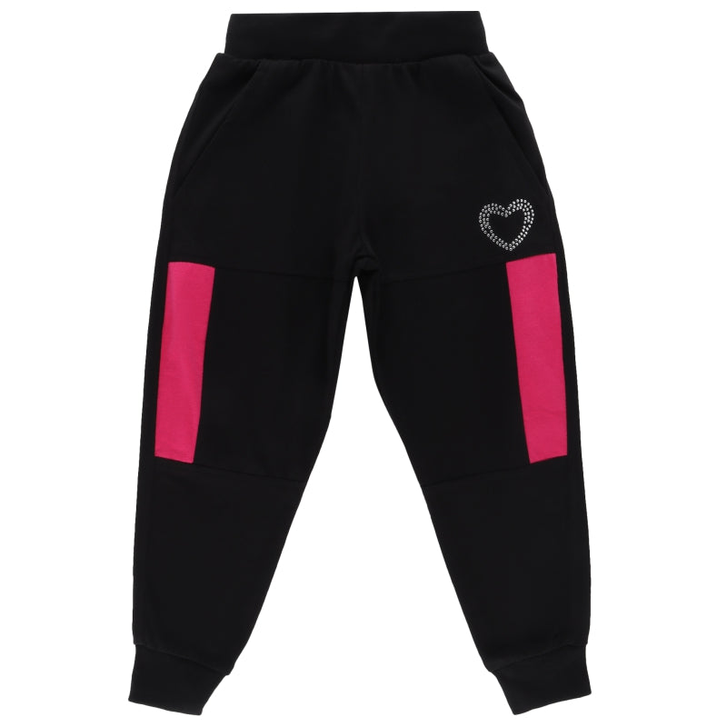 Black kids joggers with pink side panels and rhinestone heart accent, front view
