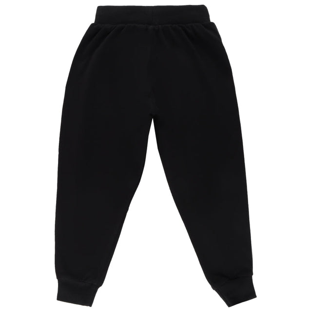 black kids jogger pants with elastic waistband and cuffed hems on white background