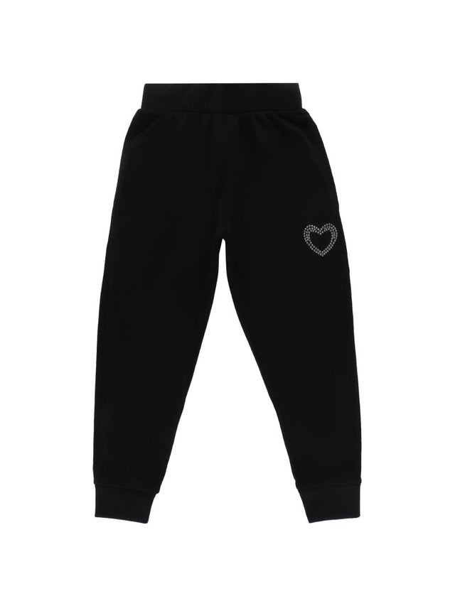 Black kids joggers with elastic waist and rhinestone heart accent on pocket
