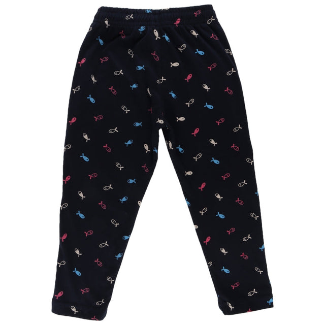 Kids navy blue leggings with multicolor fish print, full length, elastic waist.