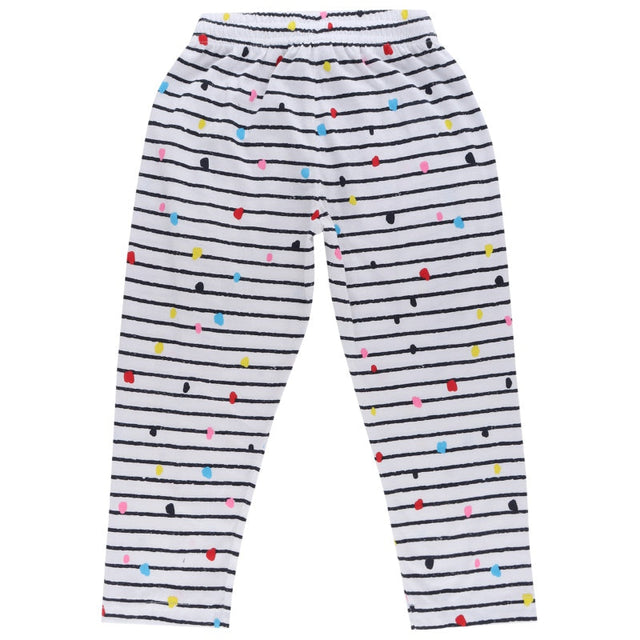 Kids white leggings with black stripes and colorful polka dots, comfortable fit