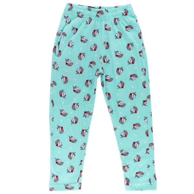 Light blue kids leggings with colorful unicorn print, elastic waistband, and soft cotton fabric