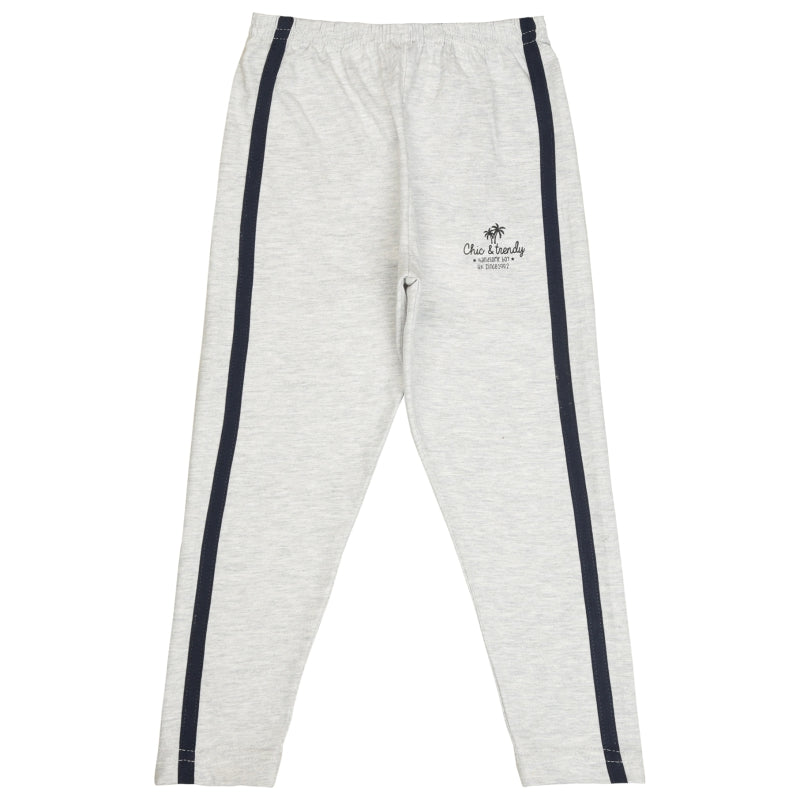Kids light grey leggings with black side stripes and elastic waistband