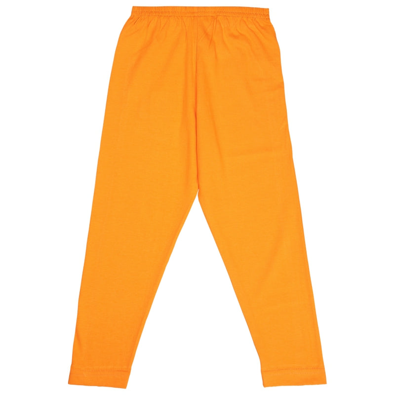 Orange full-length kids thermal leggings with elastic waistband, flat lay on white background