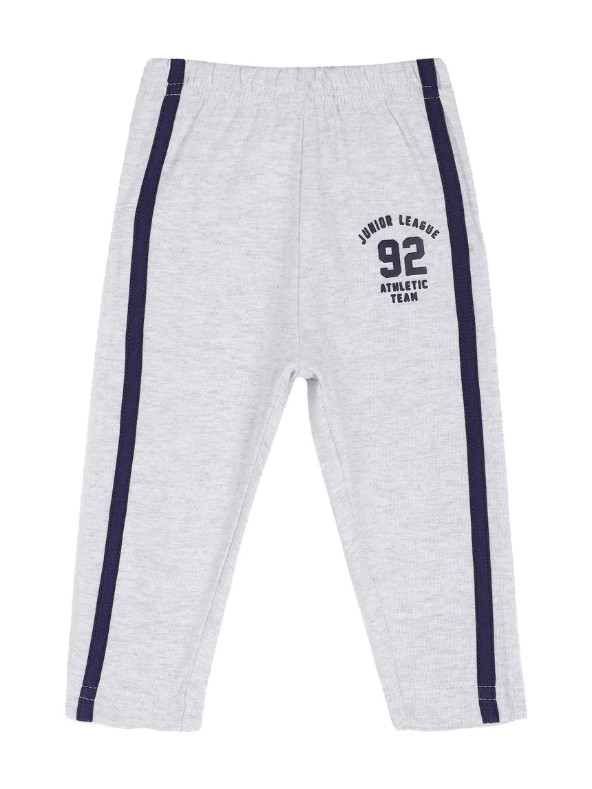 Light grey kids athletic track pants with navy side stripes and 'Junior League 92' print