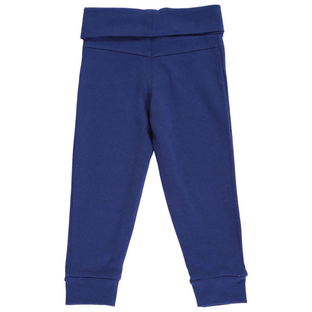 Navy blue kids thermal leggings with fold-over waistband and cuffed ankles, back view