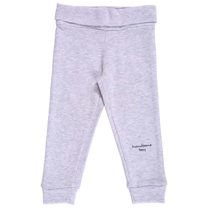 Light grey boys' thermal leggings with 'handsome boy' text on lower leg