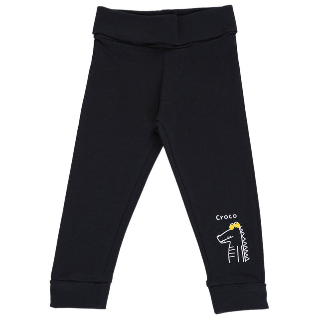 Black kids leggings with cartoon crocodile and 'Croco' print on the lower leg