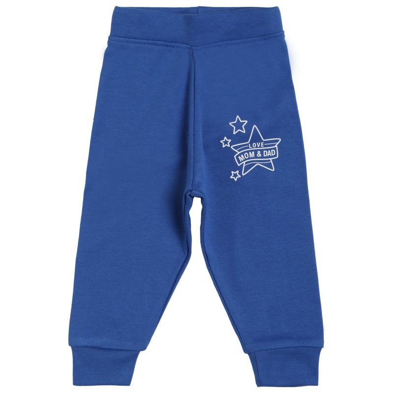 Blue kids leggings with 'Love Mom & Dad' star print, soft cotton, comfortable fit