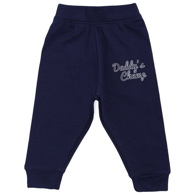Navy blue kids jogger pants with 'Daddy's Champ' text, soft cotton, comfortable fit