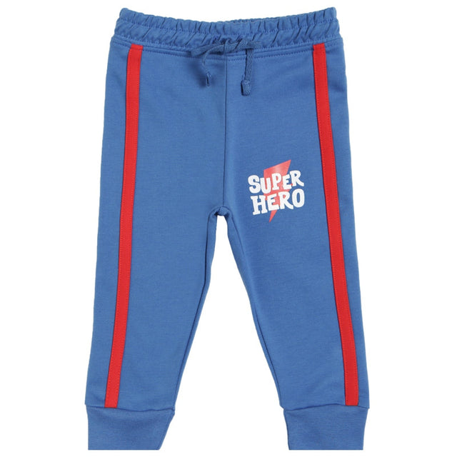 Kids blue joggers with red side stripes and 'Super Hero' print, comfortable innerwear