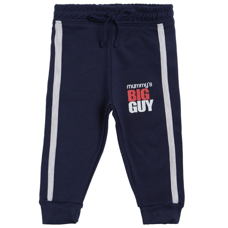 Navy blue kids track pants with white side stripes and 'Mummy's Big Guy' text on front
