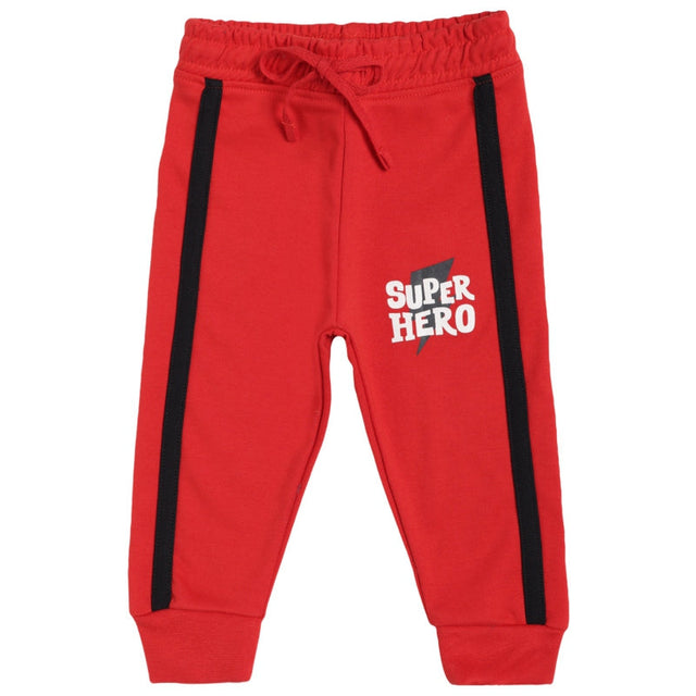 Red kids joggers with 'Super Hero' print, black side stripes, and elastic waist