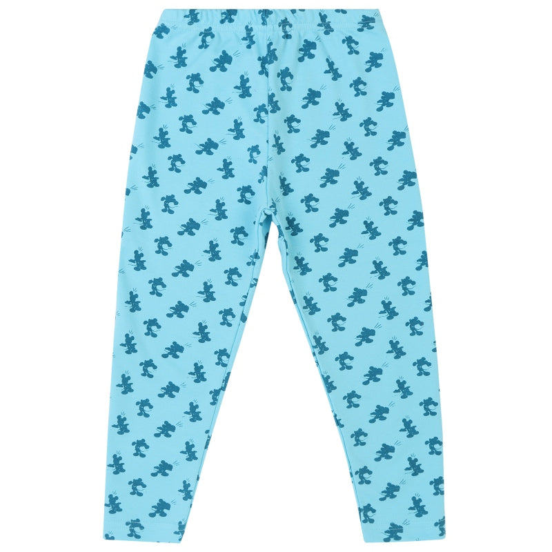 Light blue kids leggings with cartoon bear print, comfortable cotton innerwear