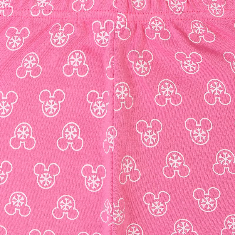 Pink kids innerwear fabric with white snowflake and cartoon head print pattern